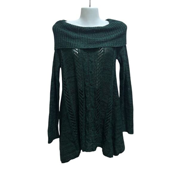 Boho Knit Sweaters (2) S/M Dark Green/Tan/Black Cowl Neck Foldover Cozy Cottage - Picture 2 of 12